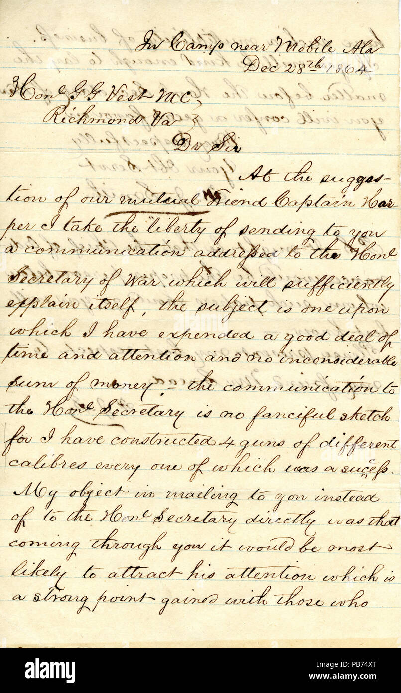 907 Letter signed F.J. Smith, in camp near Mobile, Ala., to Hon G.G. Vest, Richmond, Va., December 28, 1864 Stock Photo