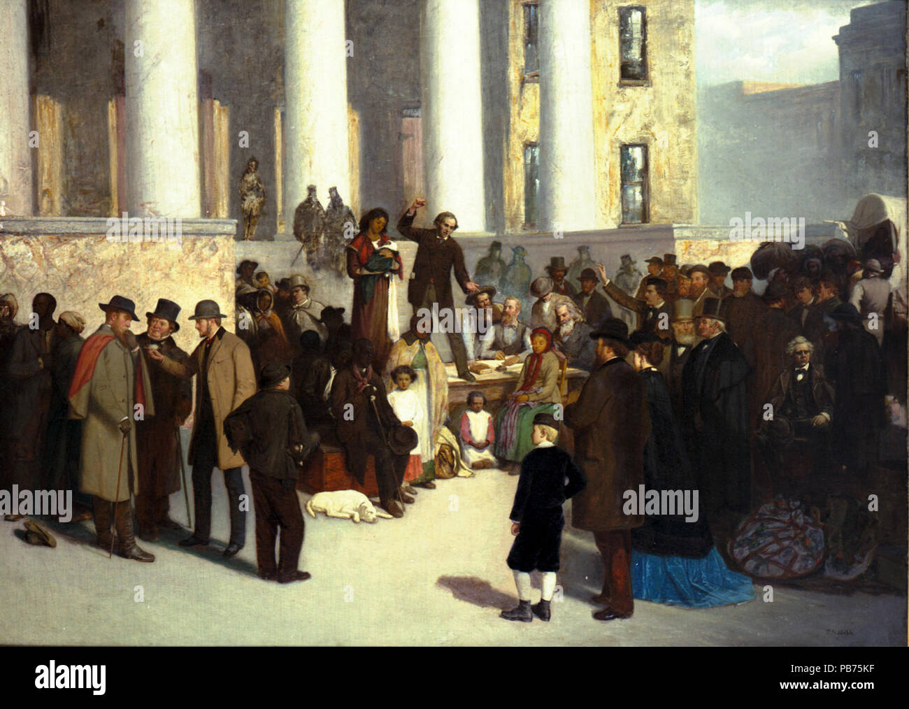 . English: Oil painting 'The Last Sale of Slaves' by Thomas Satterwhite Noble. The image is of a scene on St. Louis Court House steps, January 1, 1861, when a group of abolitionists bid deliberately low to undermine the practice of selling slaves Title: Painting 'The Last Sale of Slaves' by Thomas Satterwhite Noble . circa 1880 1154 Painting &quot;The Last Sale of Slaves&quot; by Thomas Satterwhite Noble Stock Photo