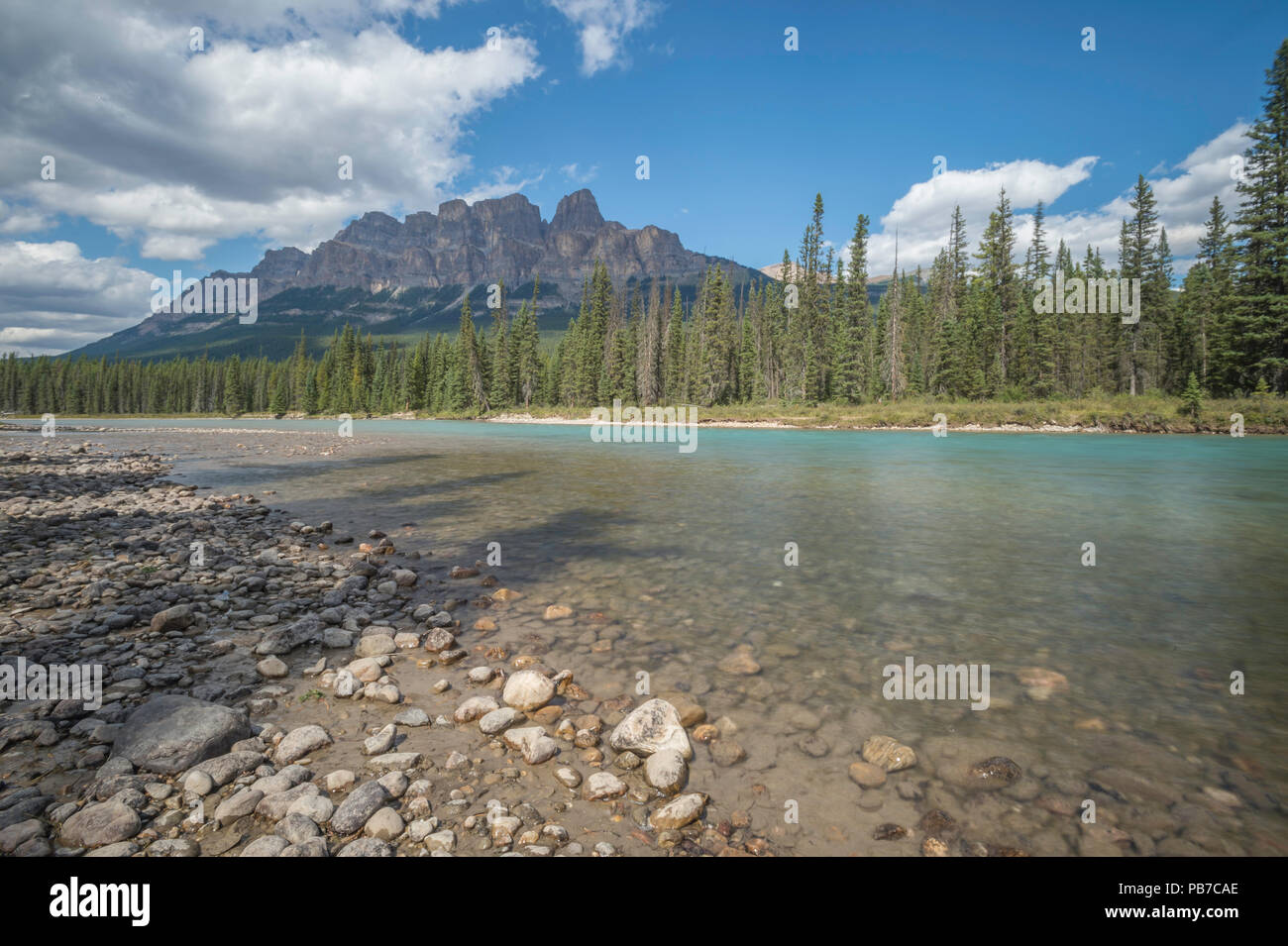 Castle Mountain and Bow River, Banff National Park, Alberta, Canada Stock Photo