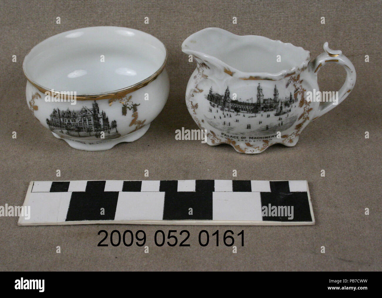 1850 White Ceramic Creamer and Sugar Set With Black Transfer Images of City Hall and Palace of Machinery Stock Photo