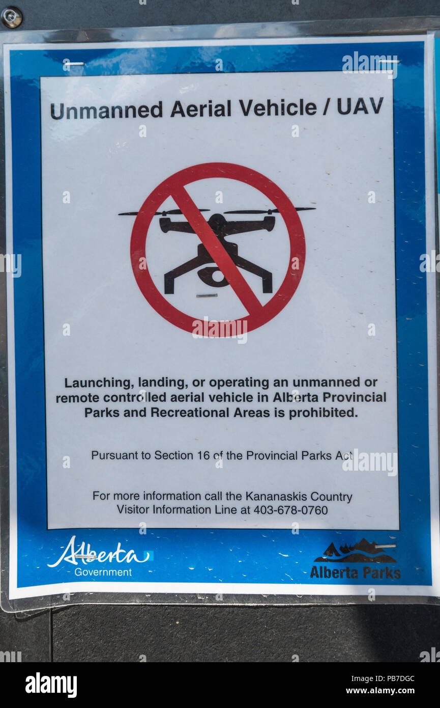Drones banned, UAV prohibited sign, Spray Valley Provincial Park, Kananaskis, Alberta, Canada Stock Photo