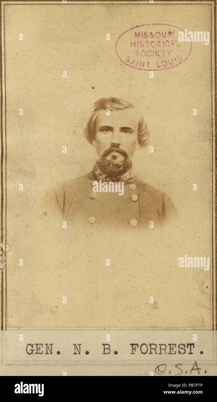. English: Bust portrait of a man in uniform. There is an MHS stamp in the upper right corner of image. 'GEN. N. B. FORREST. (in type) / C.S.A. (written)' (below image). 'Gen Forrest' (written on reverse side of image). Title: Nathan Bedford Forrest, General (Confederate). between 1861 and 1865 1082 Nathan Bedford Forrest, General (Confederate) Stock Photo