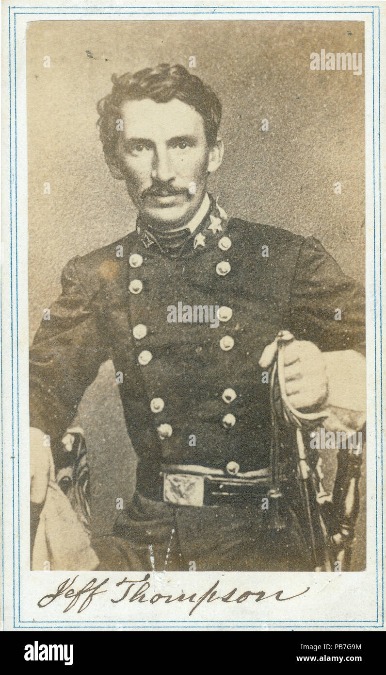 . English: Half-length portrait of a seated man in uniform grasping a sword. 'Jeff Thompson' (written below image). 'Jeff Thompson Gift: Mrs. John Dorsey Ewing Stockton, Cal.' (written on reverse side). Gen. Thompson was a division commander in the Missouri State Guard (Missouri digital soldiers records). Title: Meriwether Jefferson Thompson, General, division commander in the Missouri State Guard (Confederate). between 1861 and 1865 1019 Meriwether Jefferson Thompson, General, division commander in the Missouri State Guard (Confederate) Stock Photo