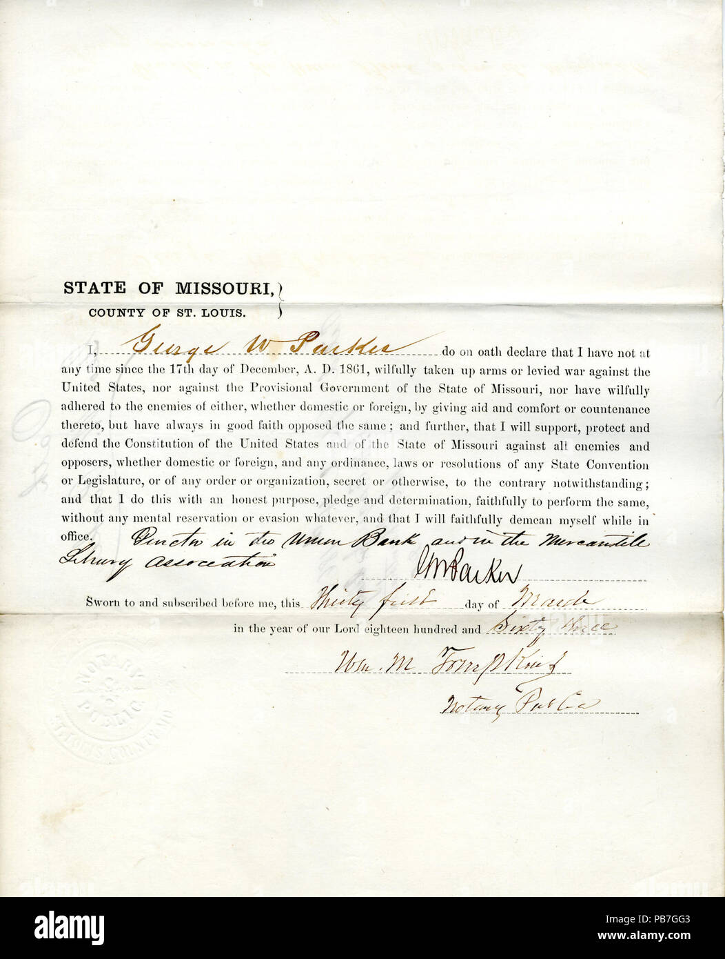 948 Loyalty oath of George W. Parker of Missouri, County of St. Louis Stock Photo