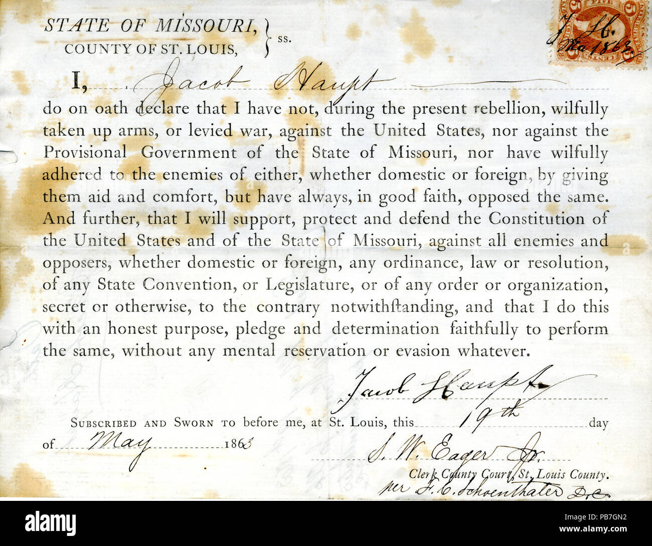 949 Loyalty oath of Jacob Haupt of Missouri, County of St. Louis Stock Photo