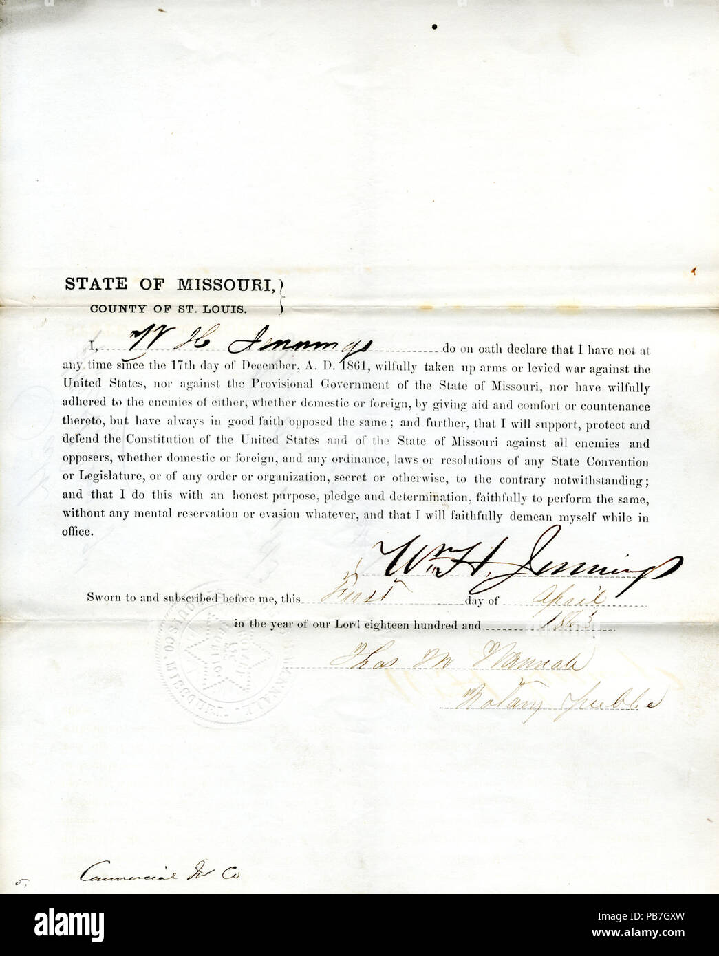 956 Loyalty oath of Wm. H. Jennings of Missouri, County of St. Louis Stock Photo