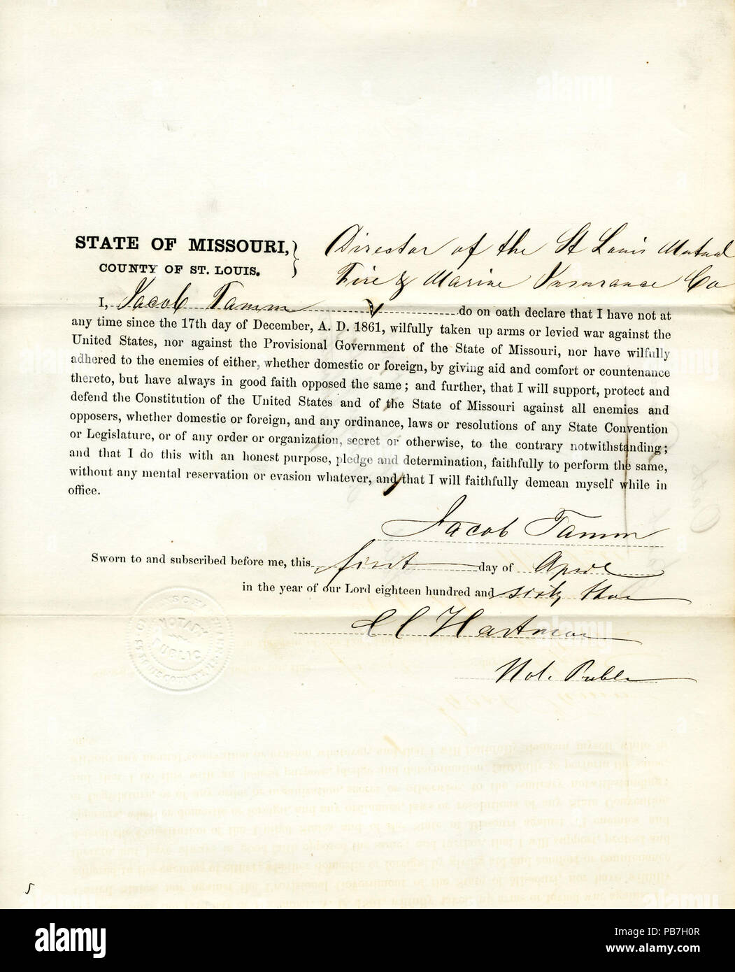 949 Loyalty oath of Jacob Tamm of Missouri, County of St. Louis Stock Photo