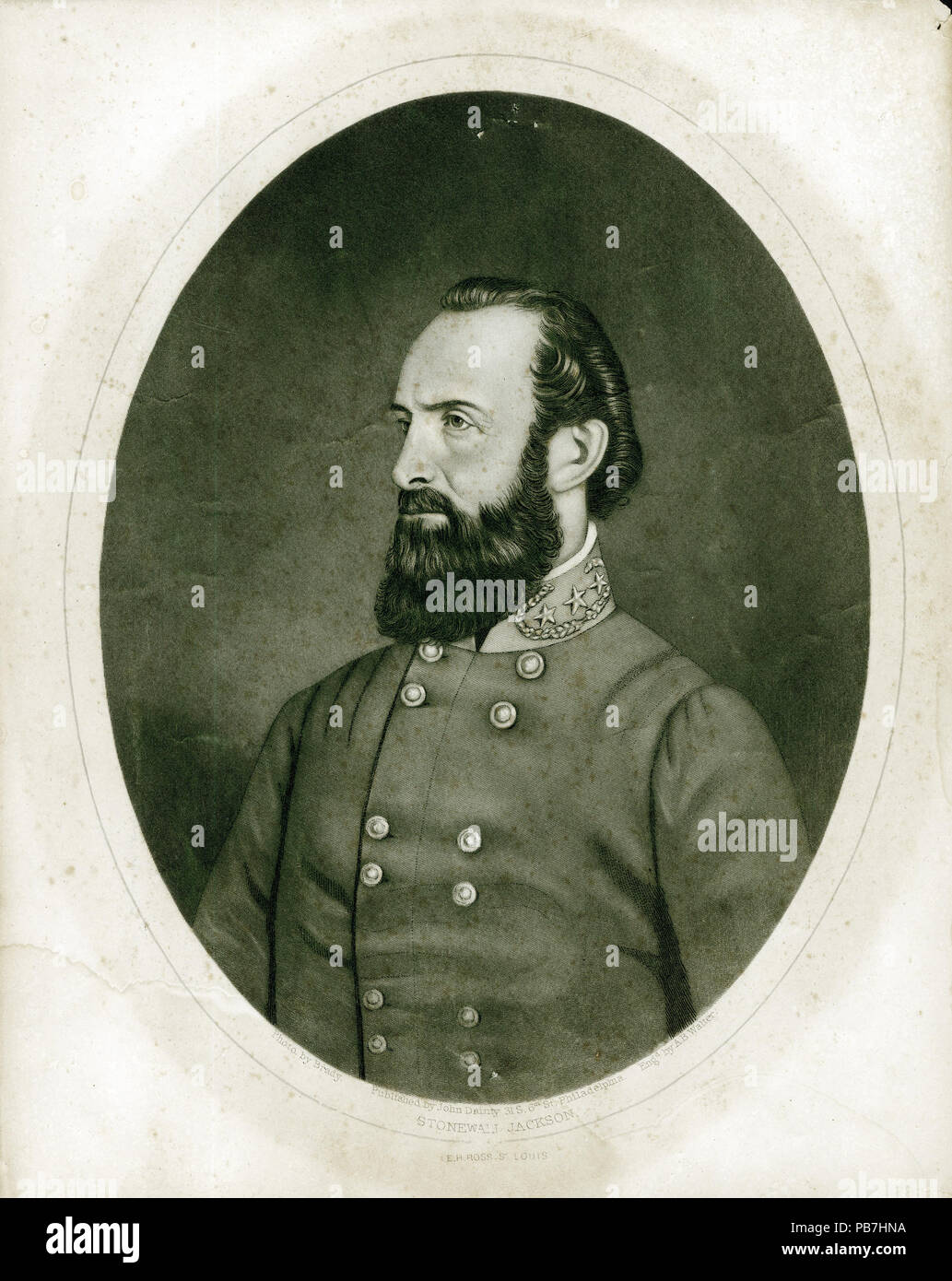 . English: Bust portrait of a man in uniform. 'STONEWALL JACKSON' (printed below image). Title: Stonewall Jackson, General (Confederate). between 1861 and 1865 1577 Stonewall Jackson, General (Confederate) Stock Photo
