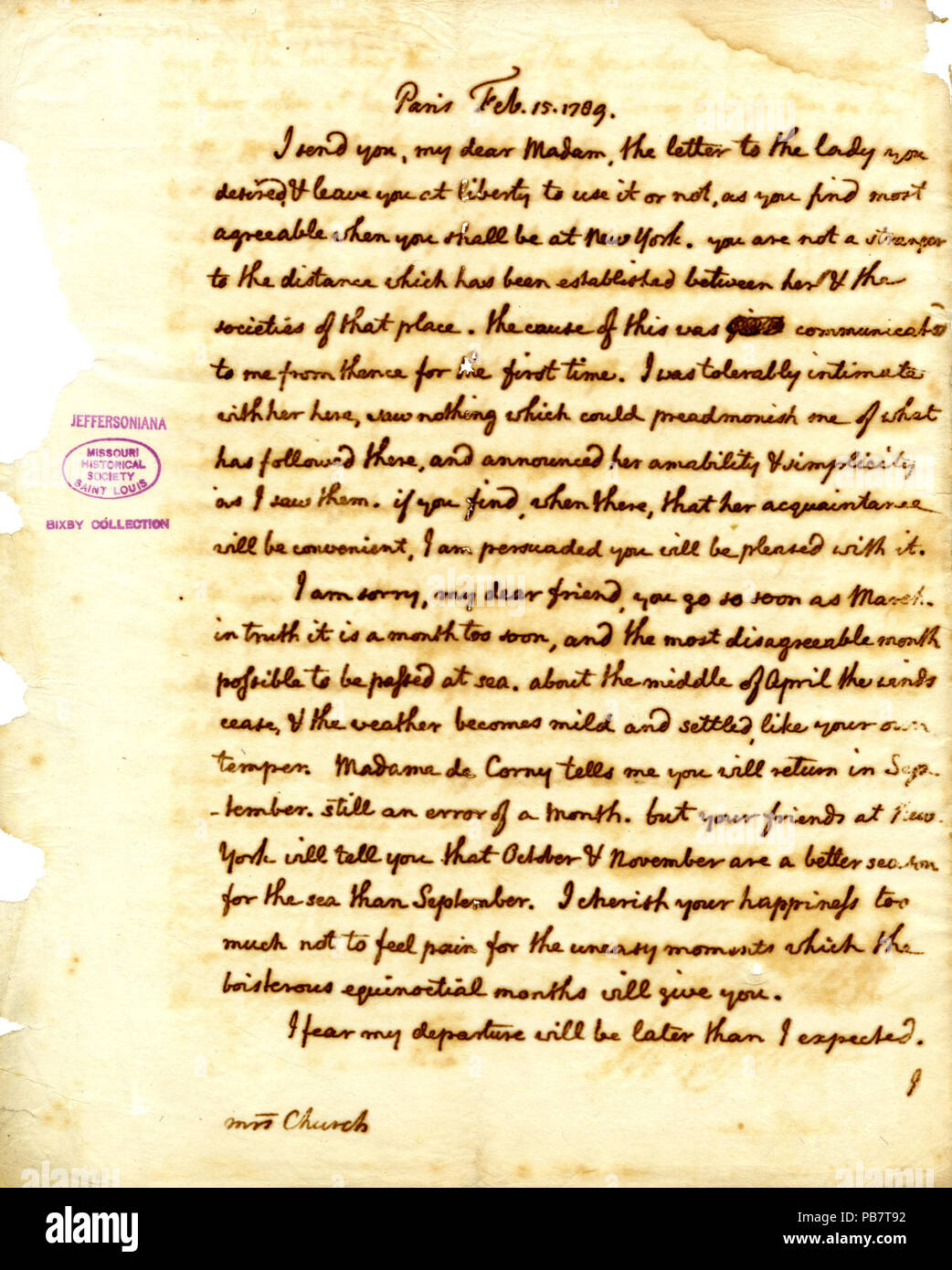 913 Letter signed Thomas Jefferson Paris to Mrs. Angelica