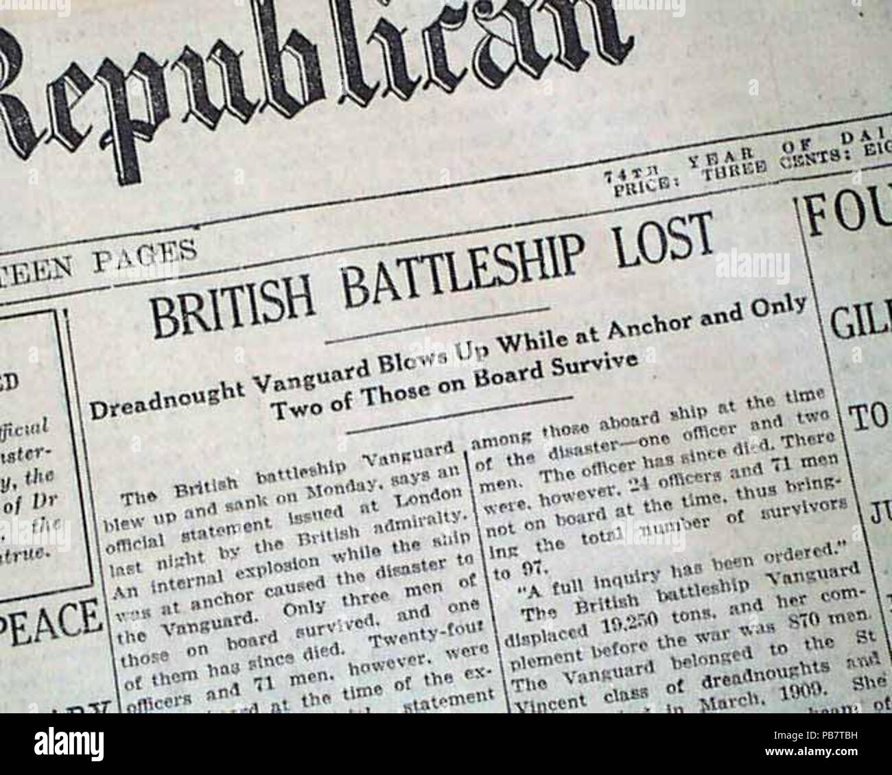 1098 Newspaper notice on HMS Vanguard explosion, July 14, 1917 Stock Photo
