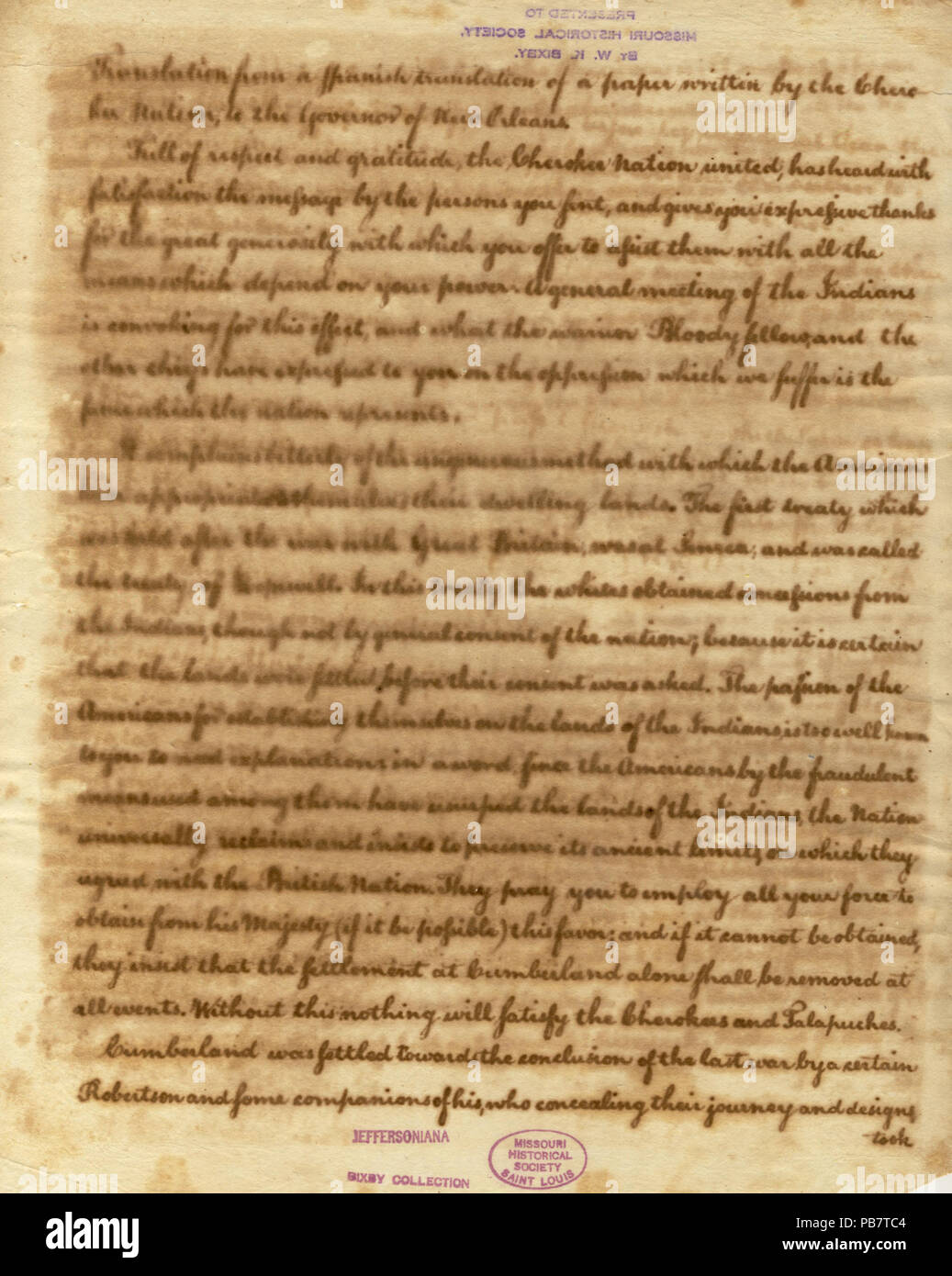 904 Letter of Cherokee Nation to the Governor of New Orleans, April 8, 1793 Stock Photo