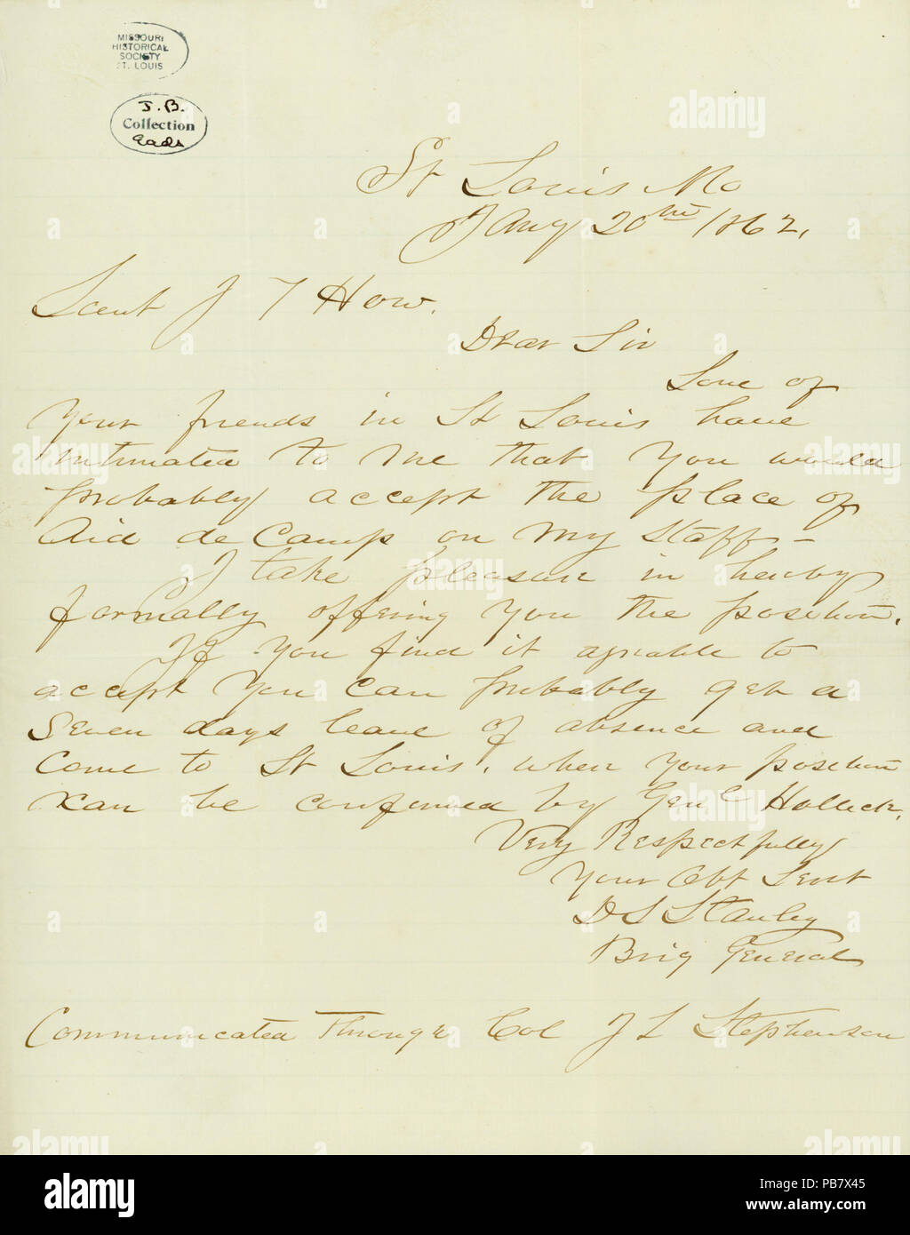 906 Letter signed D.S. Stanley, St. Louis, Mo., to Lieut. J.F. How, January 20, 1862 Stock Photo
