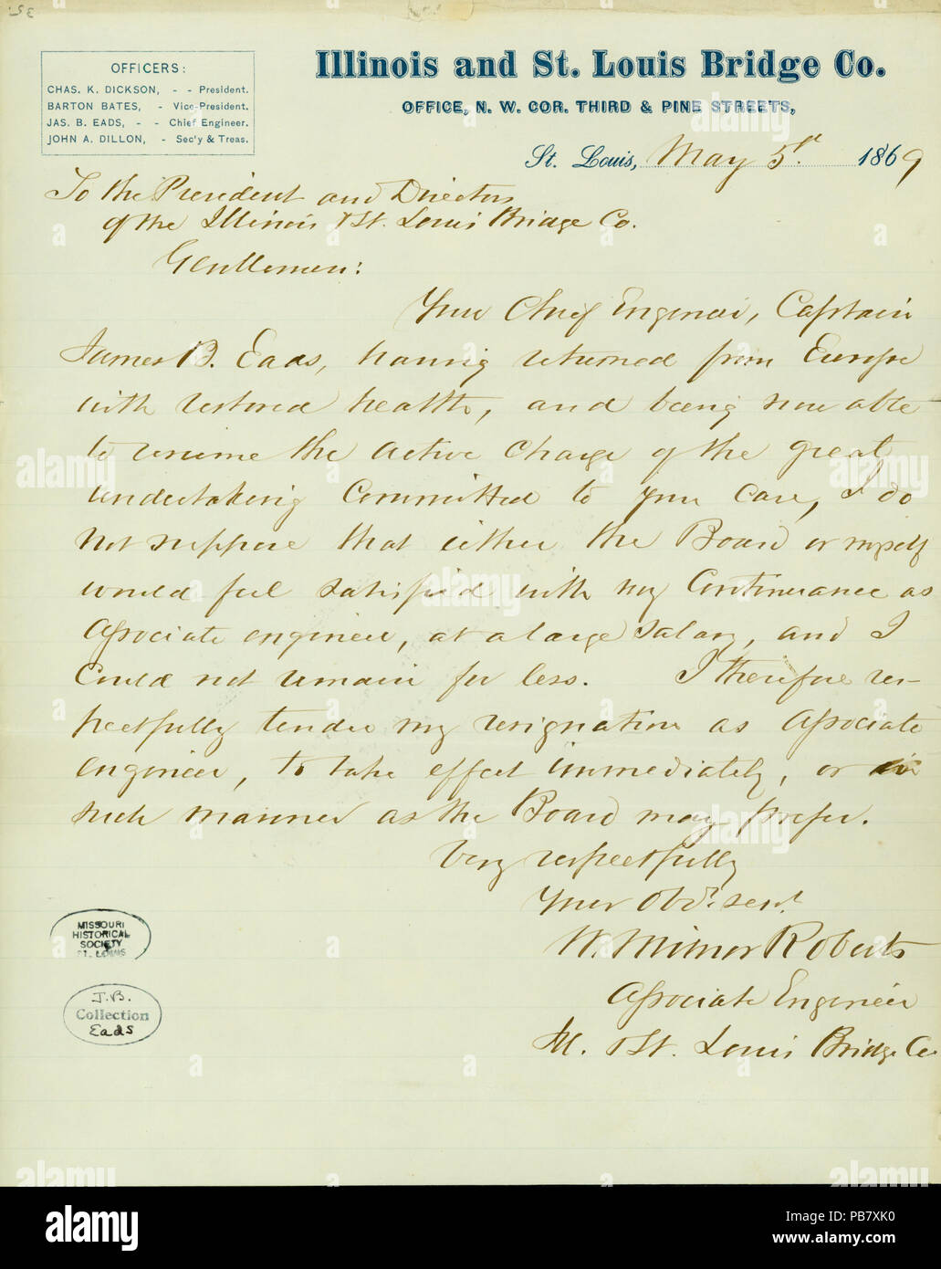 913 Letter signed W. Milner Roberts, St. Louis, to the President and Directors of the Illinois and St. Louis Bridge Co., May 5, 1869 Stock Photo