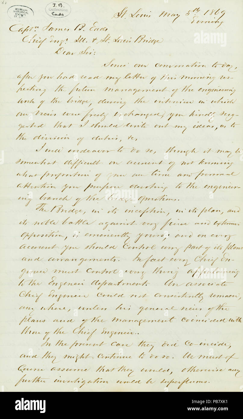 913 Letter signed W. Milner Roberts, St. Louis, to James B. Eads, St. Louis and Illinois Bridge, May 5, 1869 Stock Photo