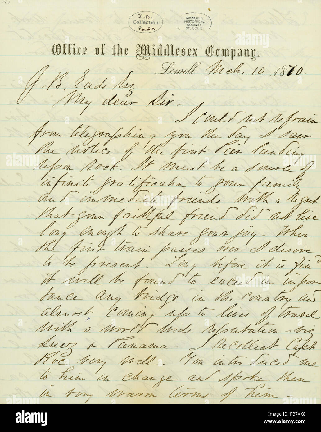 907 Letter signed G.V. Fox, Office of the Middlesex Company, Lowell, to J.B. Eads, March 10, 1870 Stock Photo