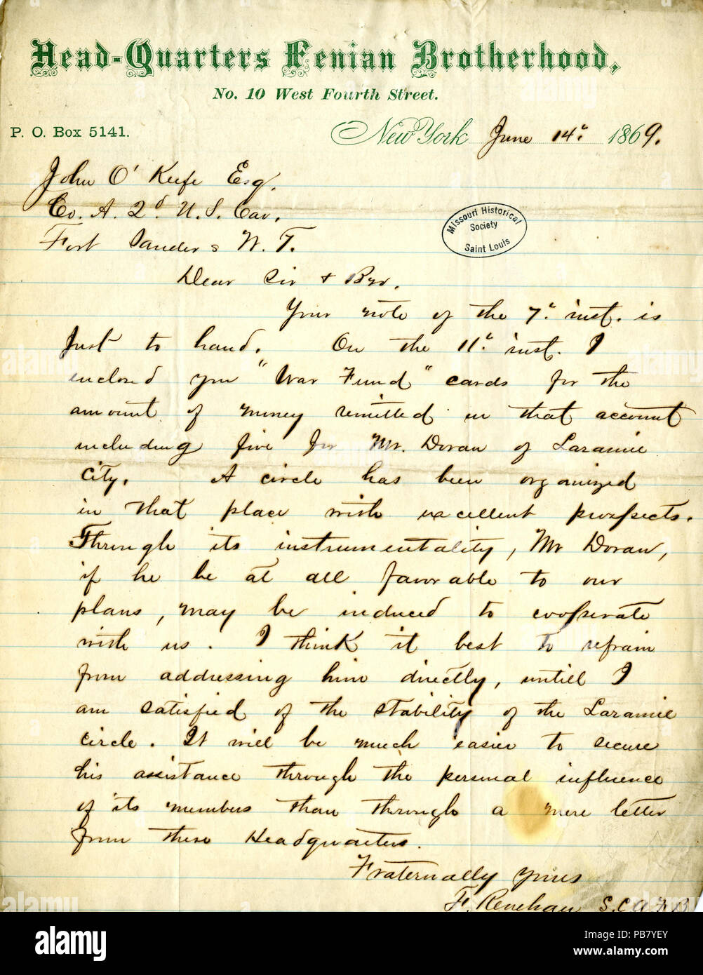 907 Letter signed F. Renehan, Headquarters, Fenian Brotherhood, New York, to John O'Keefe, Fort Sanders, Wyoming, June 14, 1869 Stock Photo
