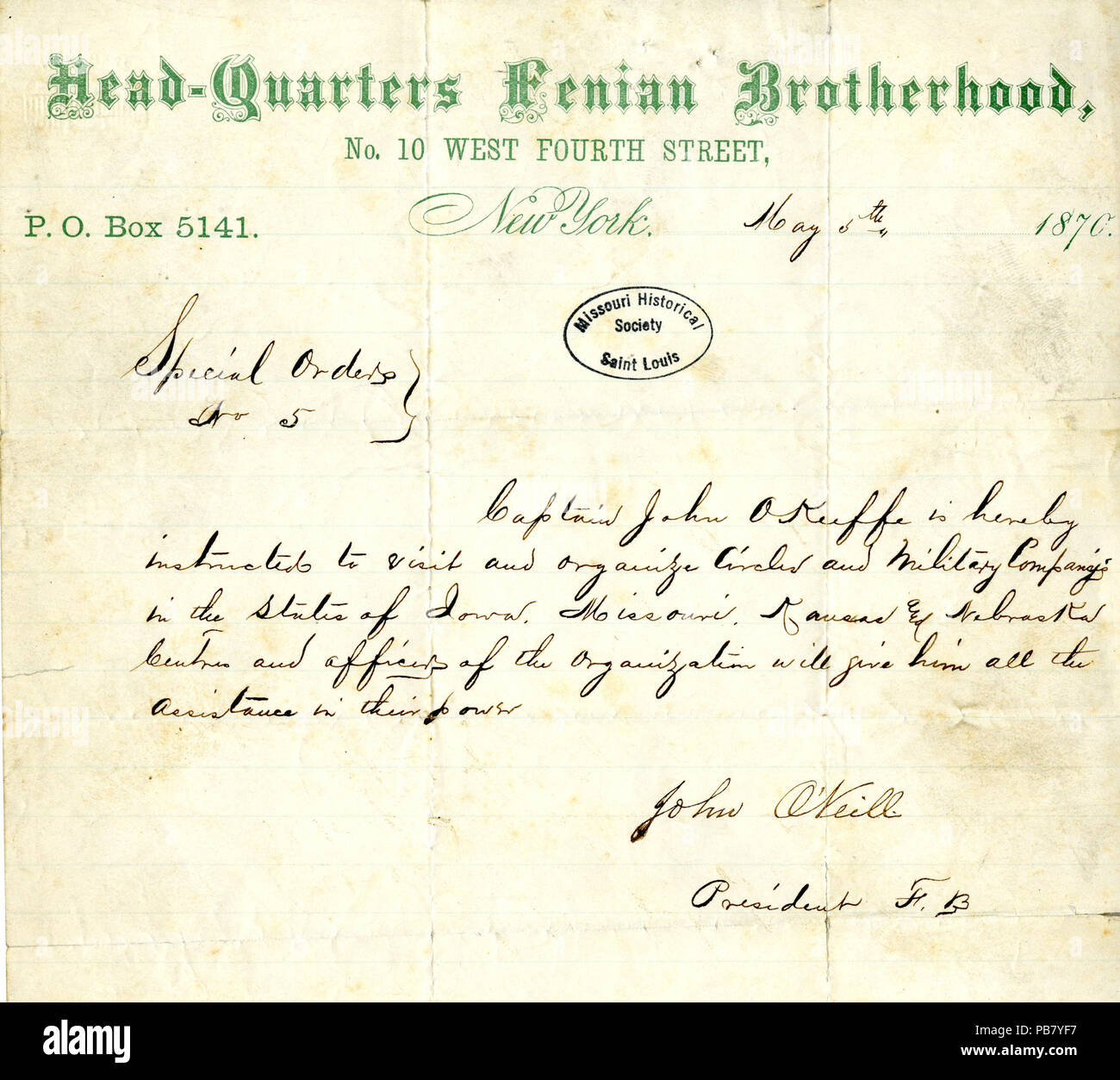 1557 Special Orders No 5 Of John O Neill Headquarters Fenian Brotherhood New York May 5 1870 Stock Photo Alamy