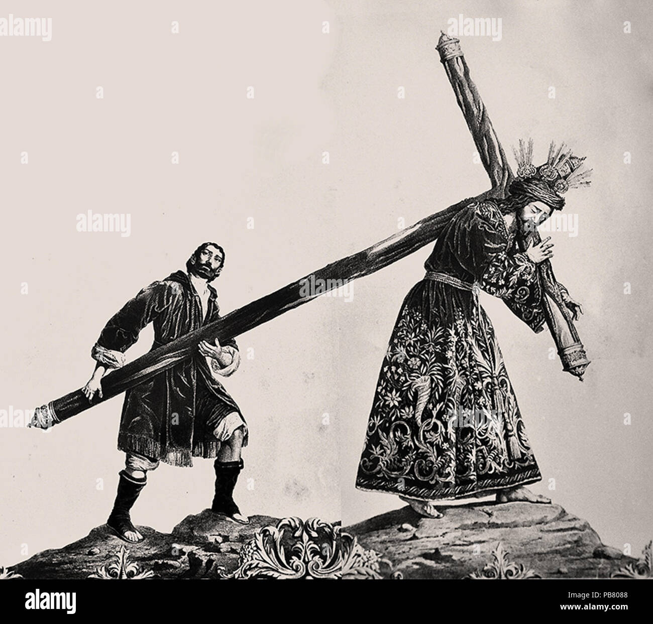 1121 Nuestro Padre Jesús de la Pasión acompañado por el Cirineo Grabado del XIX Stock Photo