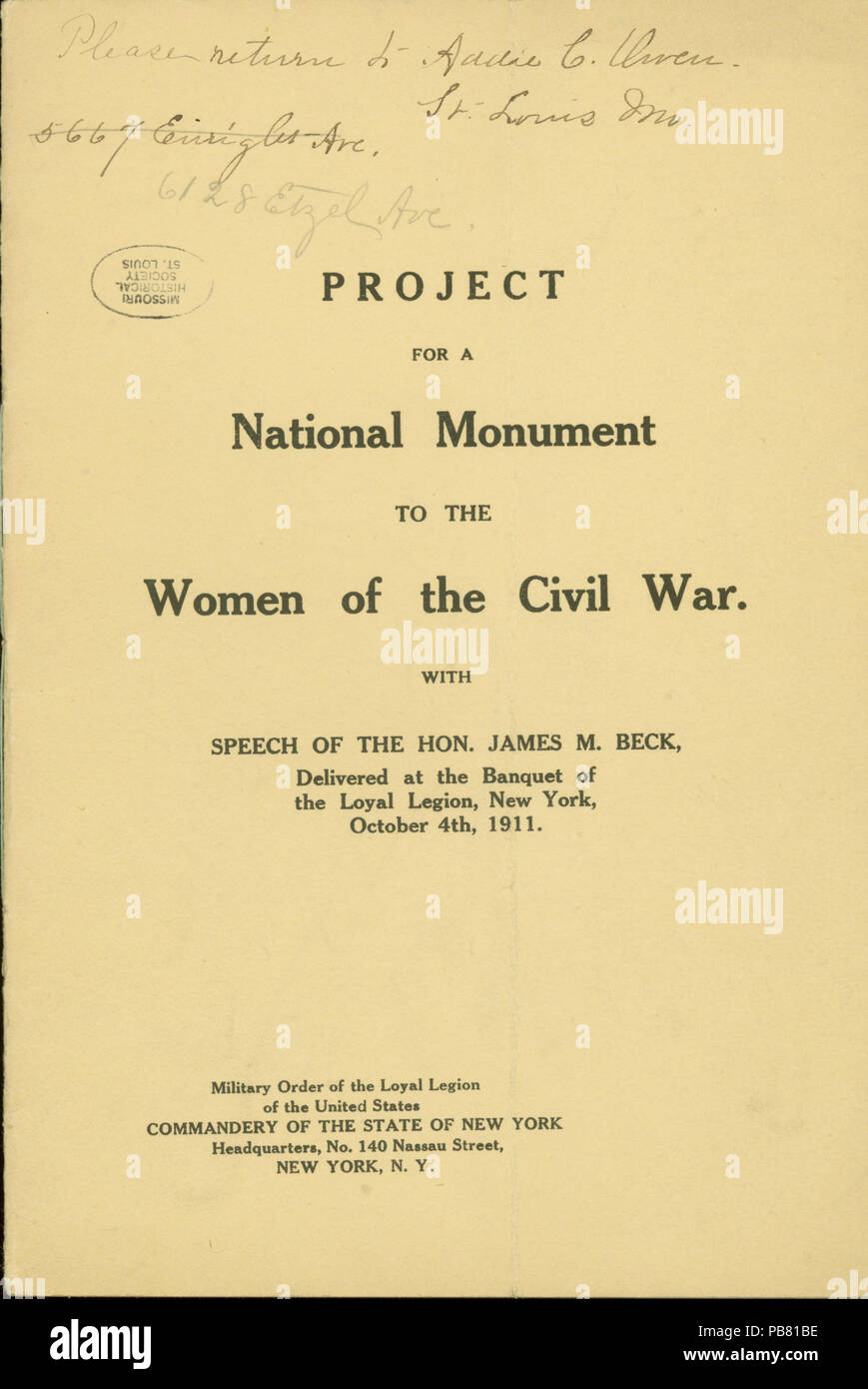 Pamphlet titled “Project for a Monument to the Women of the Civil War,” published by the Commandery of the State of New York, Military Order of the Loyal Legion of the United States, October 4, 1911. Couzins Family Papers, Missouri History Museum Archives, St. Louis. 1160 Pamphlet- “Project for a Monument to the Women of the Civil War,” published by the Commandery of the State of New York, Military Order of the Loyal Legion of the United States, October 4, 1911 Stock Photo