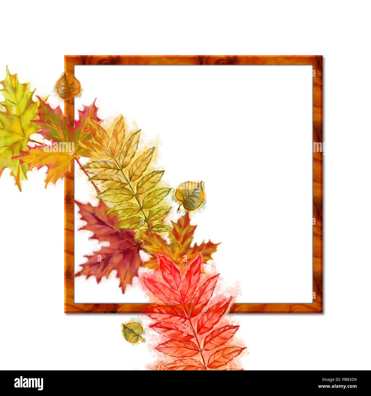Autumnal Template with Square Shaped Frame and Leaves Half Wreath. Watercolor Autumn Leaves Design for Print, Announcement, Cards etc. Stock Photo