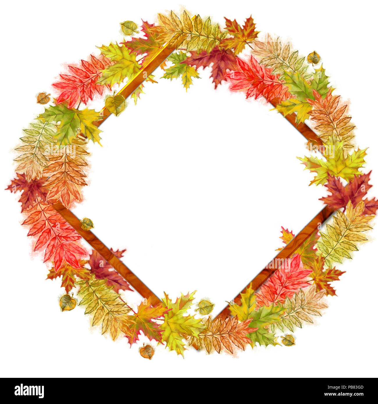 Autumnal Template with Diamond Shaped Frame and a Round Wreath Wrapped Around it. Watercolor Autumn Leaves Design for Print, Announcement, Cards etc. Stock Photo