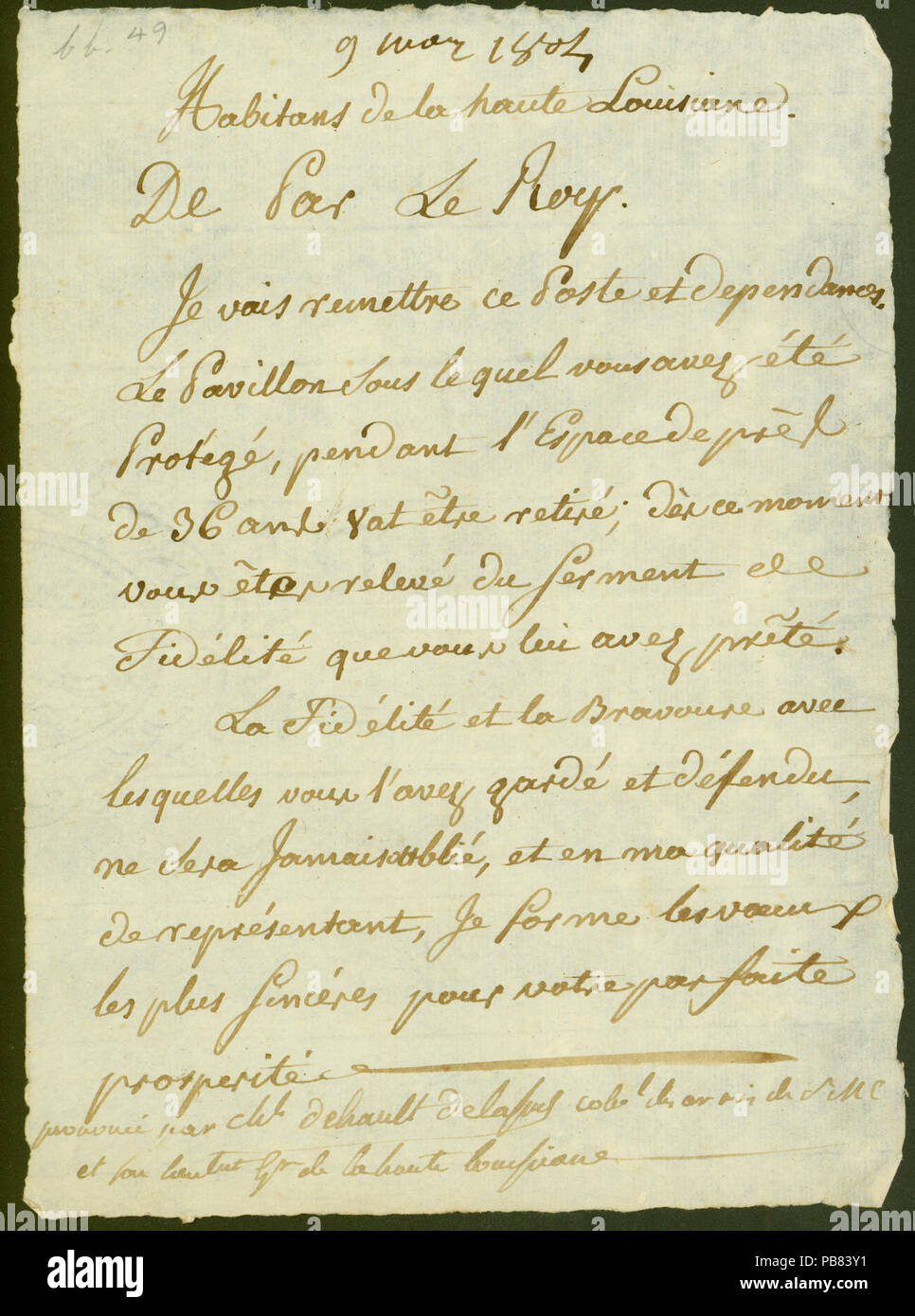 1120 Notice of Charles Dehault Delassus to the public regarding the Louisiana transfer, March 9, 1804 Stock Photo