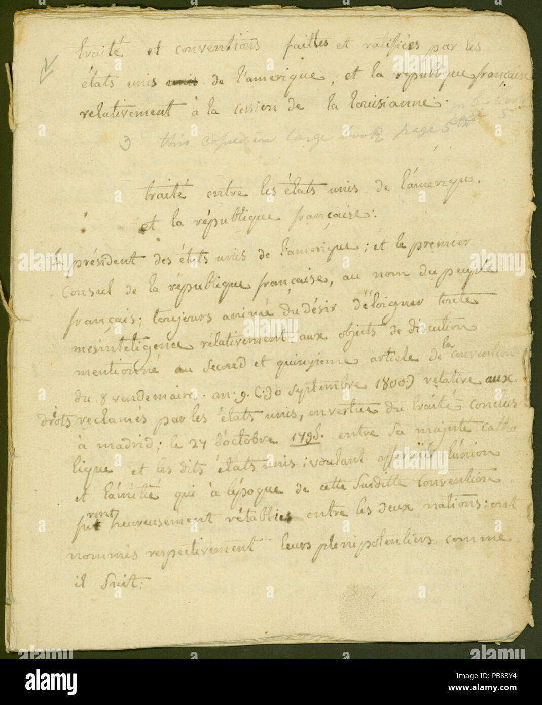 741 Handwritten contemporary copy of the articles of the Louisiana Purchase, 1803 Stock Photo
