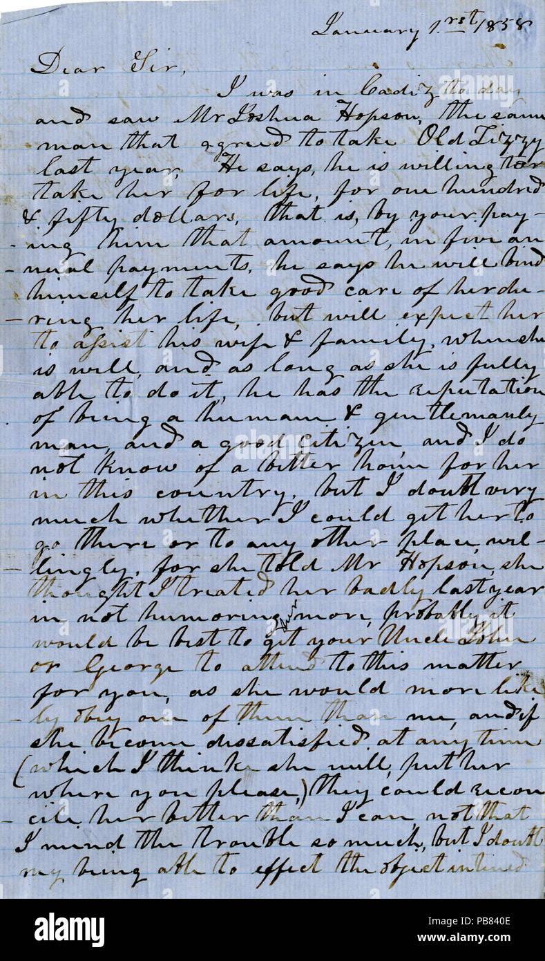 902 Letter from Joseph A. Waller to Dear Sir, January 1, 1858 Stock Photo