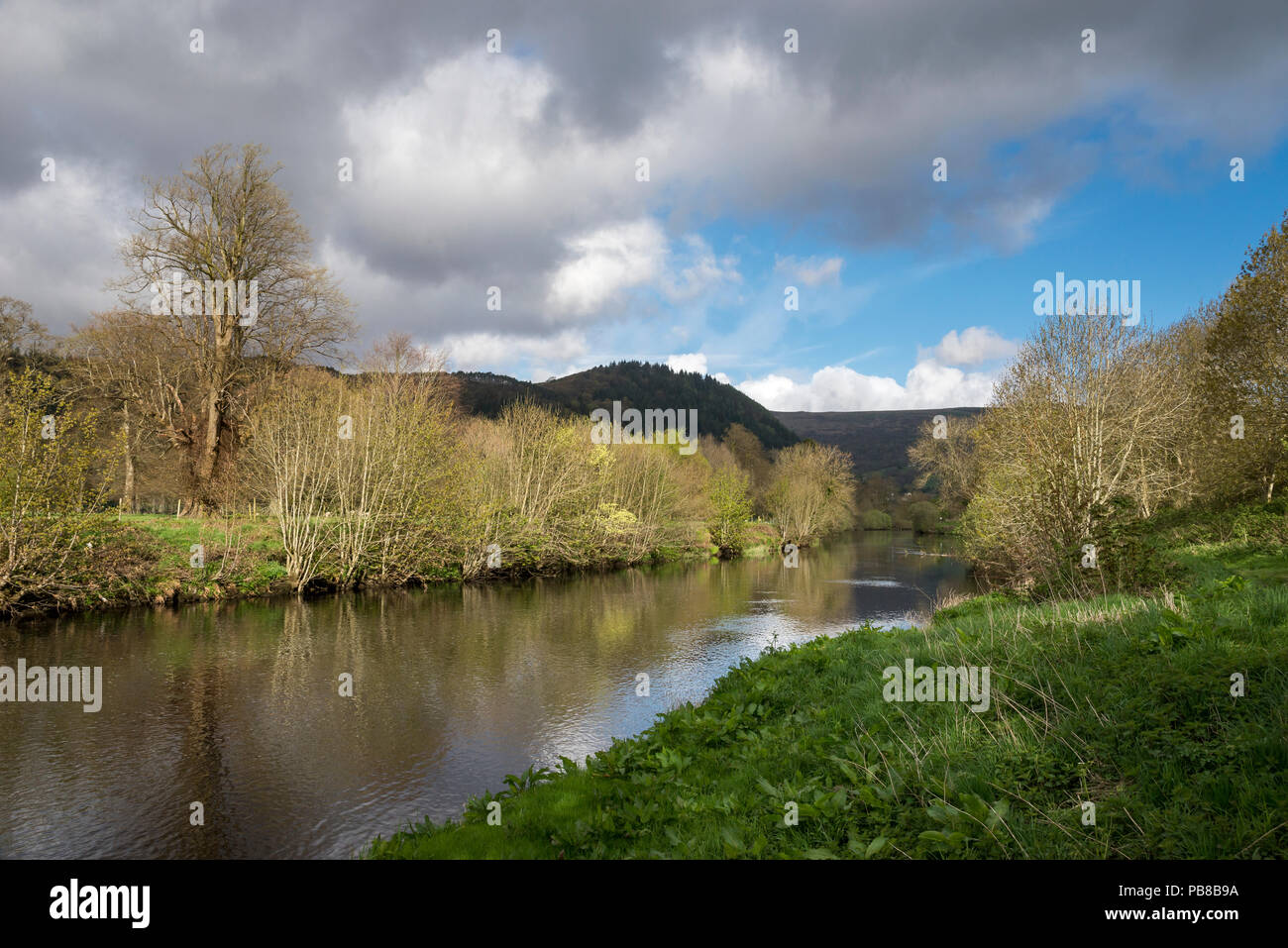 Beautiful spring day beside the river Conwy at Llanrwst. View from the riverside walk, North Wales, UK. Stock Photo