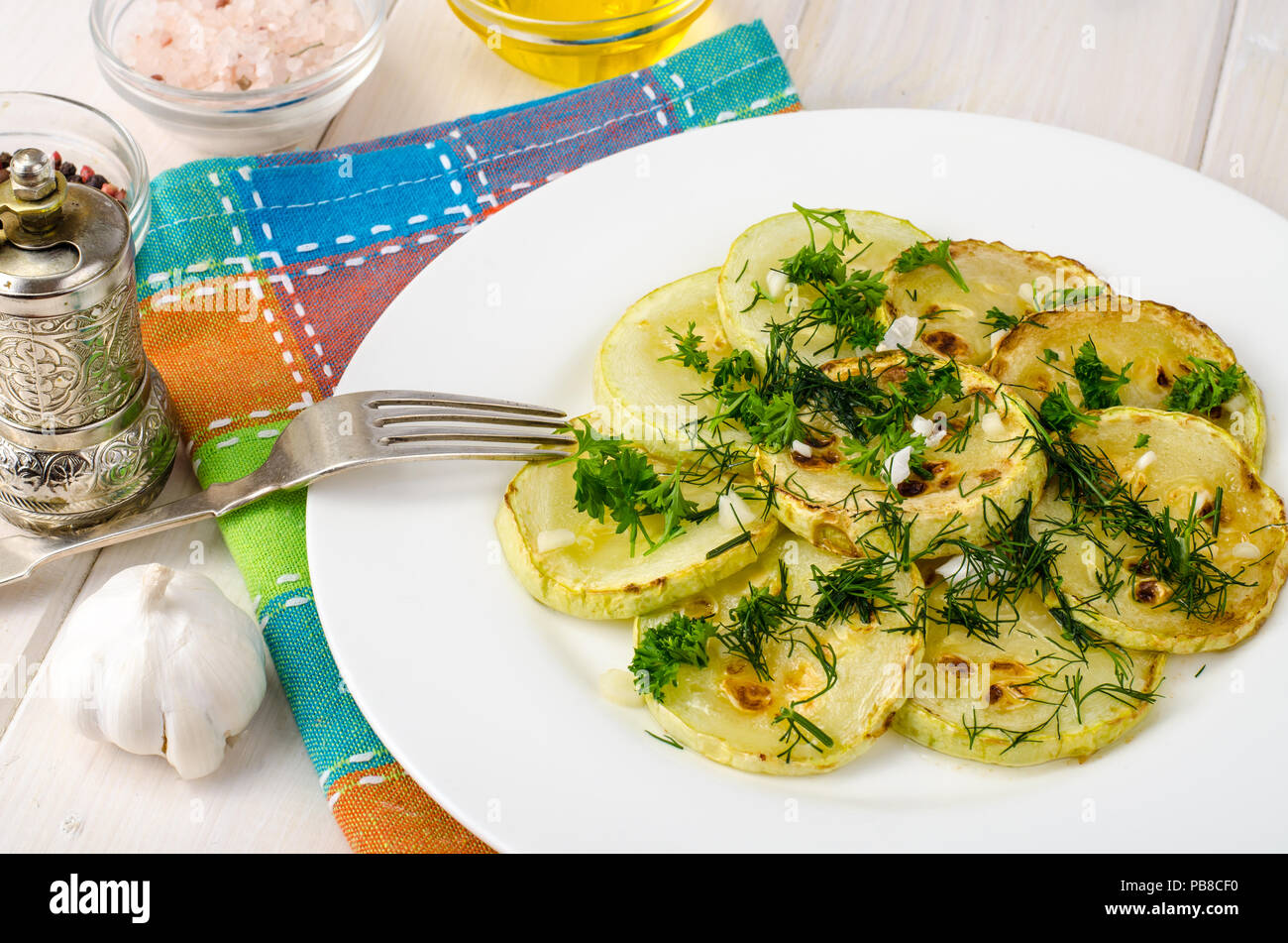 Food for diabetics. Vegetable dish of zucchini. Studio Photo Stock