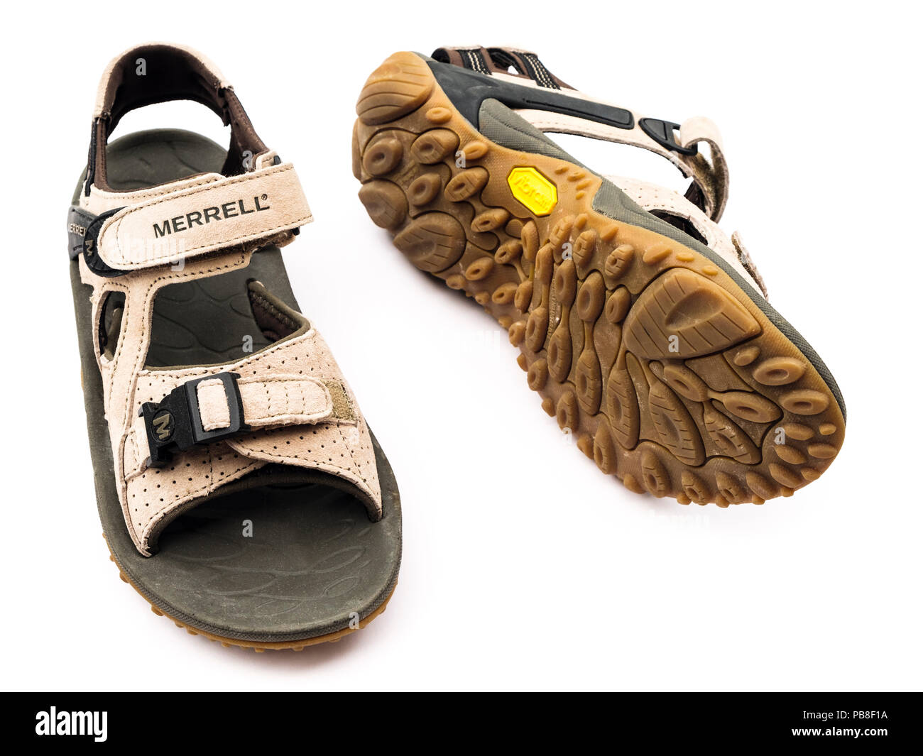 A pair of used unisex suede leather Merrell hiking sandals Kahuna lll with  vibram sole isolated cut out on a white background. England UK Britain  Stock Photo - Alamy