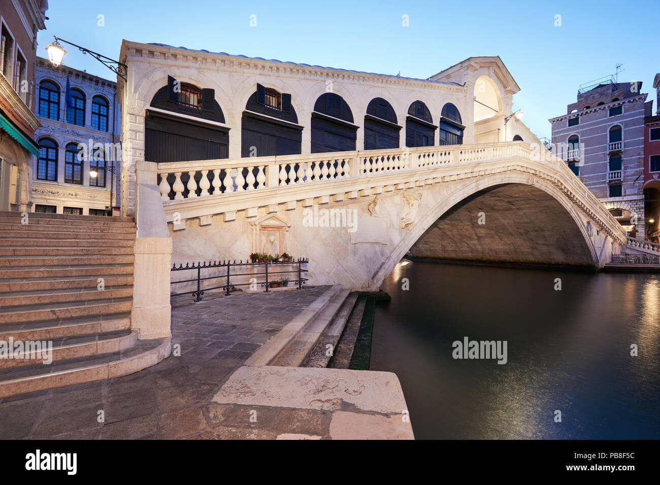 The Grand Canal and Rialto bridge in the morning, nobody in Venice, Italy Stock Photo