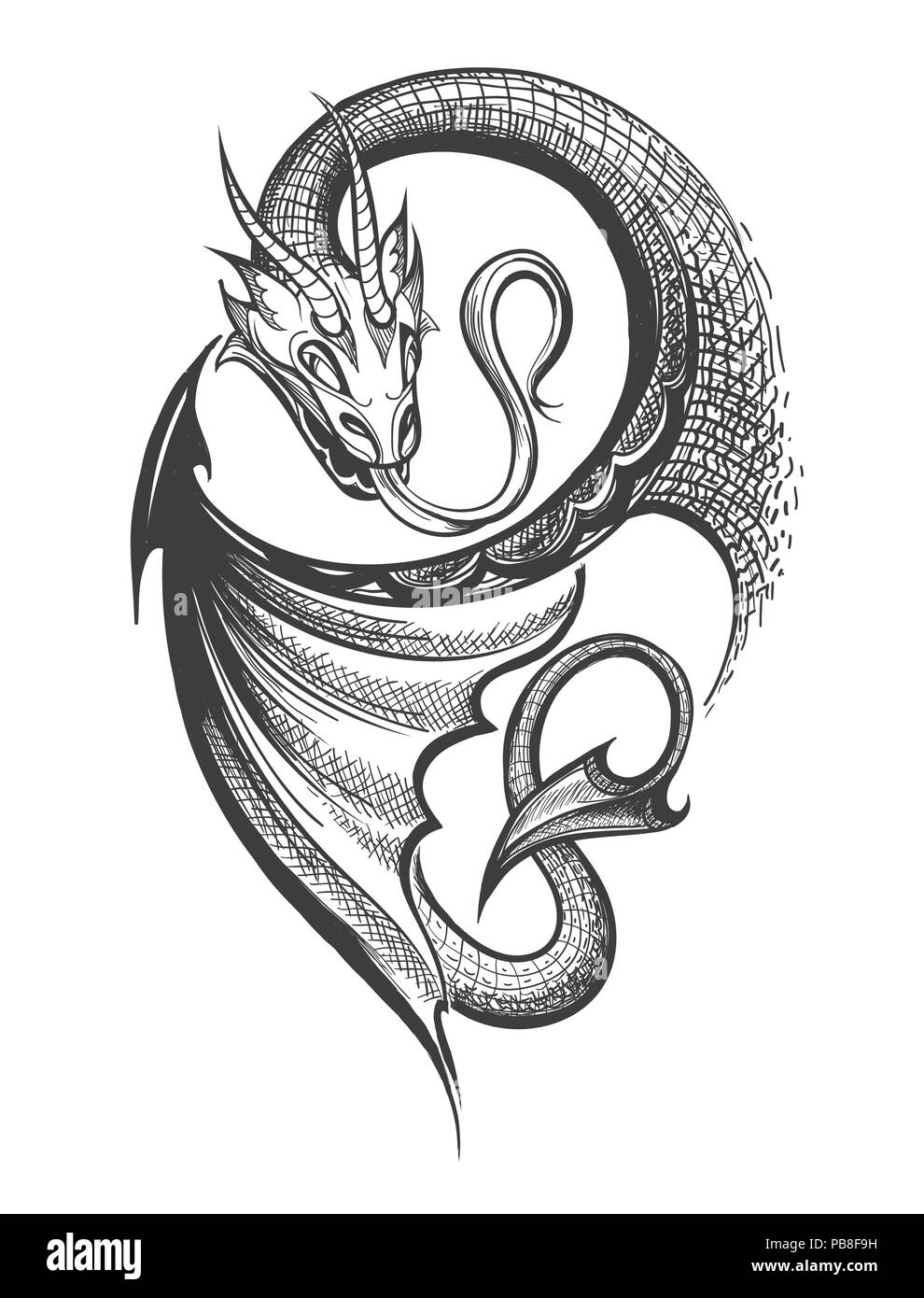 Hand made Dragon drawn in Tattoo Engraving Style. Vector Illustration. Stock Vector