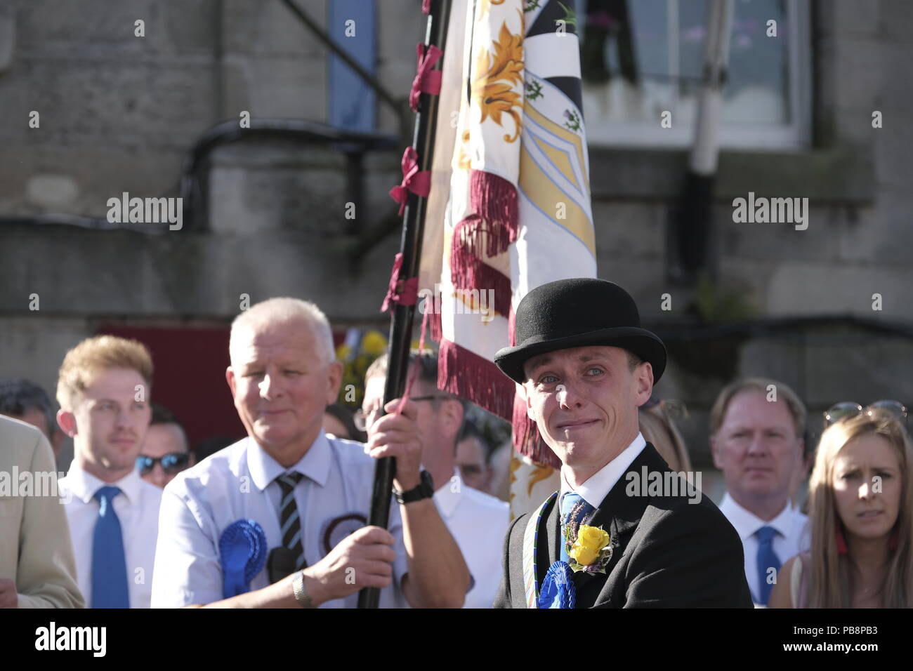 Langholm, Scotland, UK. 27th July, 2018.   Langholm Common Riding - 'Langholm's Great Day' Langholm Cornet Iain Little showing emotions prior to receiving the Towns Standard at the start of the days ceremonies in Langholm. 'The Muckle Toon' has seen tradition upheld for over 250 years with the Annual Langholm Common Riding which takes place every year on the last Friday in July, This year falling on Friday 27th.    Credit: Rob Gray/Alamy Live News Stock Photo