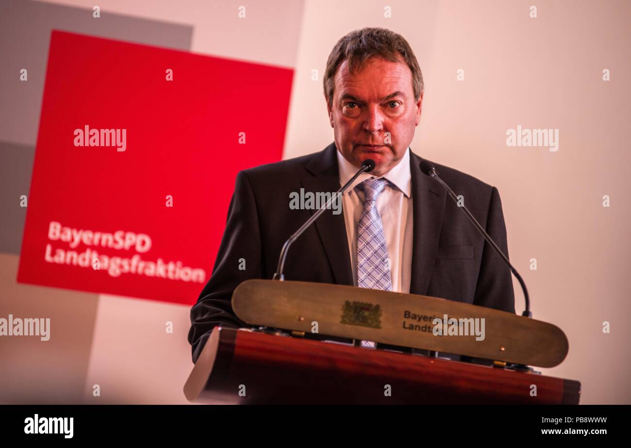 Munich, Bavaria, Germany. 27th July, 2018. CLAUS PETER REISCH, Lifeline Captain. Captain Claus Peter Reisch of the Mission Lifeline NGO received the Europa-Preis (Europe Award) at Bavaria's Landtag (Parliament) for his humanitarian engagement in the Mediterranean in rescuing hundreds migrants in danger of drowning. Reisch was recently arrested in Malta, facing various charges related to the use of the vessel in rescue activities. He is currently out on bail and has surrendered his passport while awaiting trial. According to the UN, some 1,500 migrants are estimated to have died while tryi Stock Photo