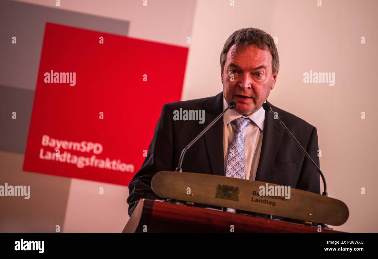 Munich, Bavaria, Germany. 27th July, 2018. CLAUS PETER REISCH, Lifeline Captain. Captain Claus Peter Reisch of the Mission Lifeline NGO received the Europa-Preis (Europe Award) at Bavaria's Landtag (Parliament) for his humanitarian engagement in the Mediterranean in rescuing hundreds migrants in danger of drowning. Reisch was recently arrested in Malta, facing various charges related to the use of the vessel in rescue activities. He is currently out on bail and has surrendered his passport while awaiting trial. According to the UN, some 1,500 migrants are estimated to have died while tryi Stock Photo