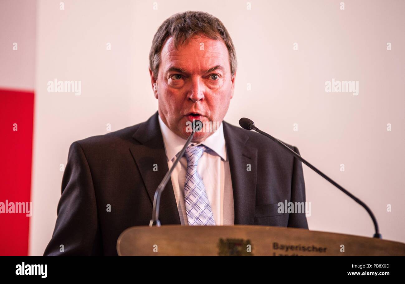 Munich, Bavaria, Germany. 27th July, 2018. CLAUS PETER REISCH, Lifeline Captain. Captain Claus Peter Reisch of the Mission Lifeline NGO received the Europa-Preis (Europe Award) at Bavaria's Landtag (Parliament) for his humanitarian engagement in the Mediterranean in rescuing hundreds migrants in danger of drowning. Reisch was recently arrested in Malta, facing various charges related to the use of the vessel in rescue activities. He is currently out on bail and has surrendered his passport while awaiting trial. According to the UN, some 1,500 migrants are estimated to have died while tryi Stock Photo