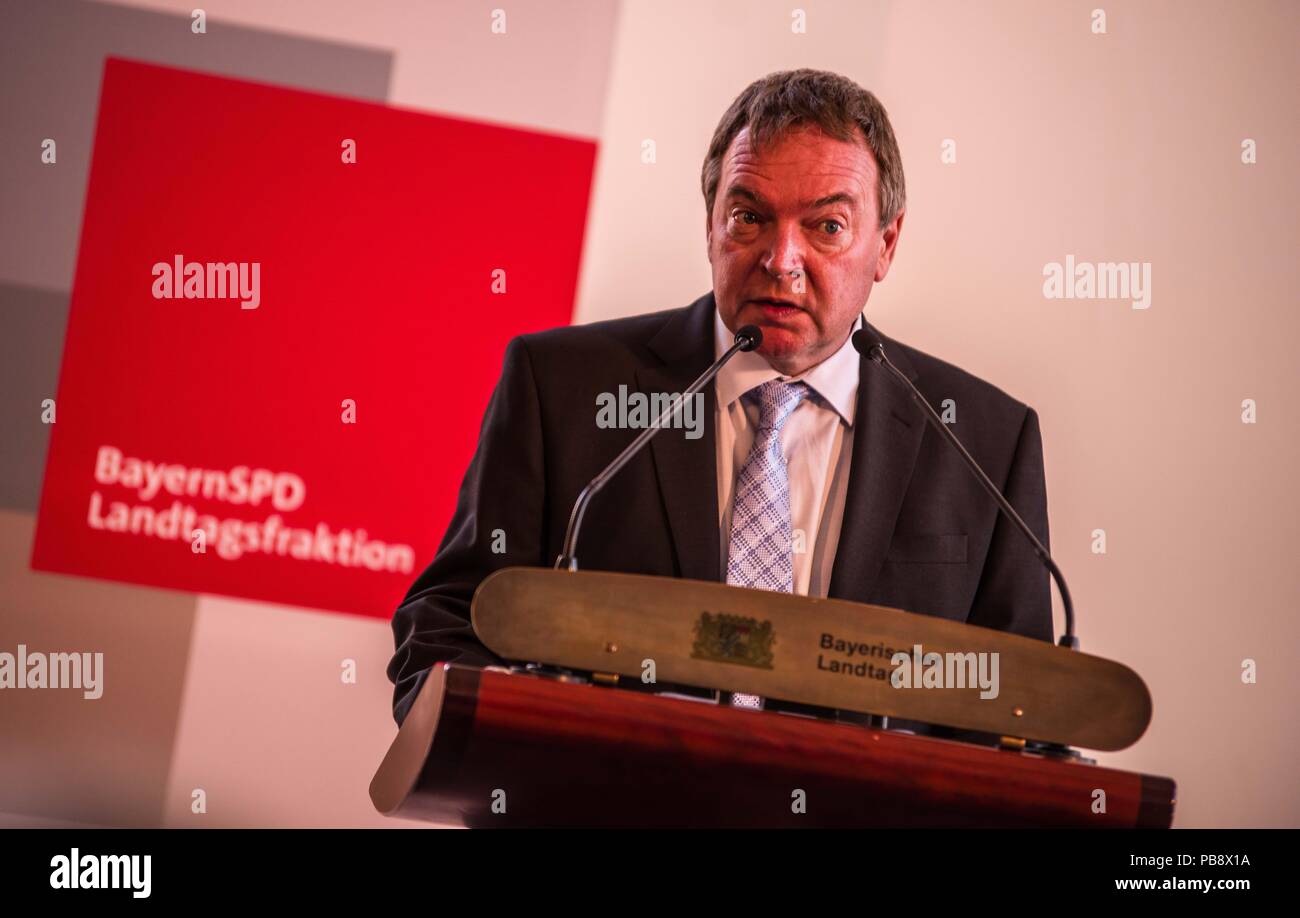 Munich, Bavaria, Germany. 27th July, 2018. CLAUS PETER REISCH, Lifeline Captain. Captain Claus Peter Reisch of the Mission Lifeline NGO received the Europa-Preis (Europe Award) at Bavaria's Landtag (Parliament) for his humanitarian engagement in the Mediterranean in rescuing hundreds migrants in danger of drowning. Reisch was recently arrested in Malta, facing various charges related to the use of the vessel in rescue activities. He is currently out on bail and has surrendered his passport while awaiting trial. According to the UN, some 1,500 migrants are estimated to have died while tryi Stock Photo