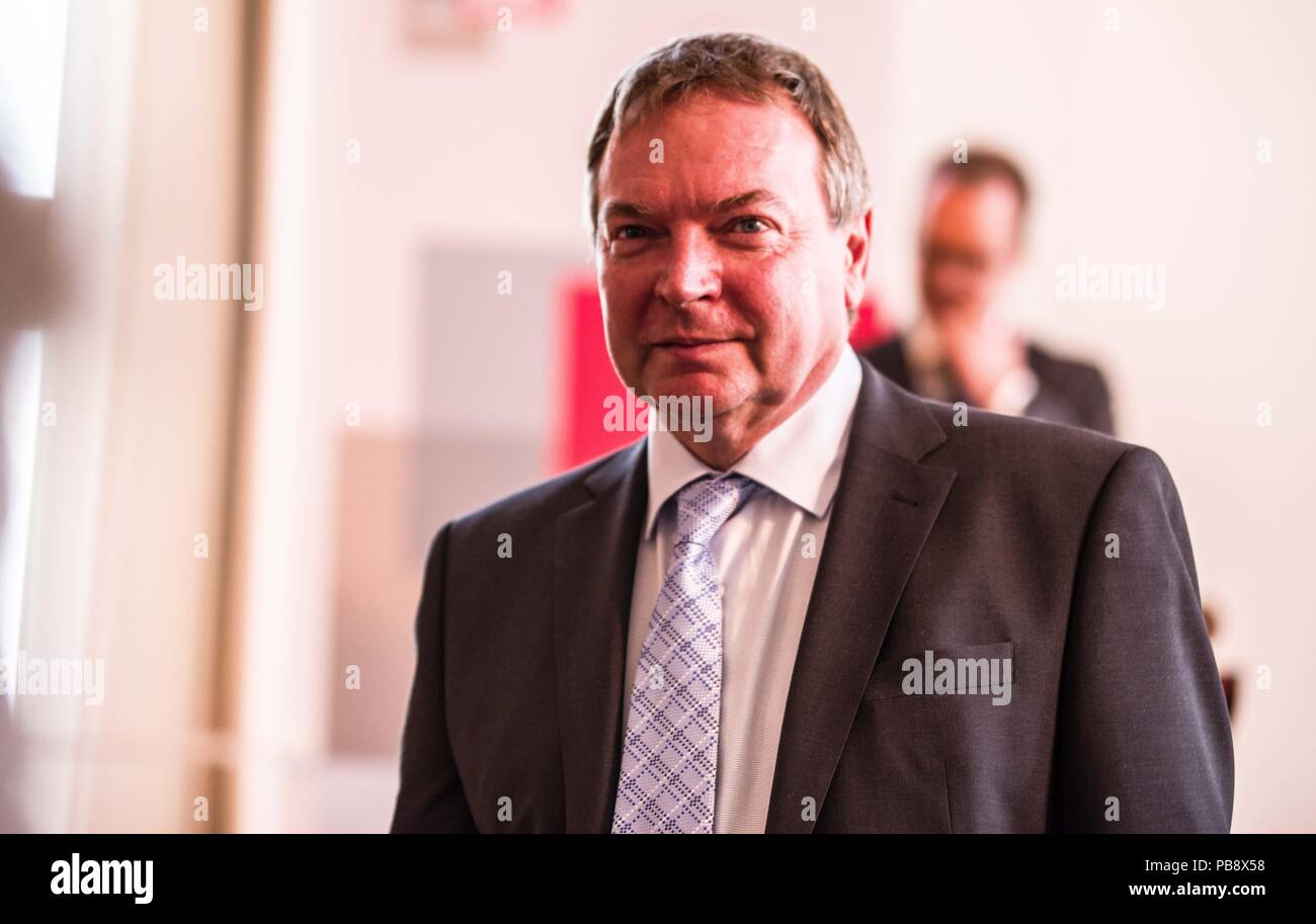Munich, Bavaria, Germany. 27th July, 2018. CLAUS PETER REISCH, Lifeline Captain. Captain Claus Peter Reisch of the Mission Lifeline NGO received the Europa-Preis (Europe Award) at Bavaria's Landtag (Parliament) for his humanitarian engagement in the Mediterranean in rescuing hundreds migrants in danger of drowning. Reisch was recently arrested in Malta, facing various charges related to the use of the vessel in rescue activities. He is currently out on bail and has surrendered his passport while awaiting trial. According to the UN, some 1,500 migrants are estimated to have died while tryi Stock Photo