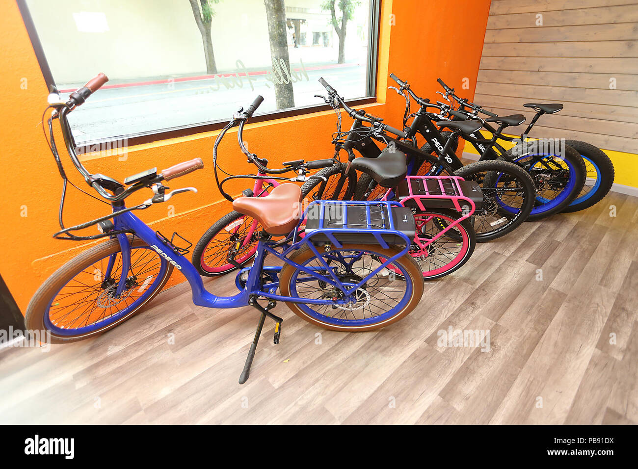 Napa, CA, USA. 27th June, 2018. Some of the electric rental bikes available at Pedego Napa