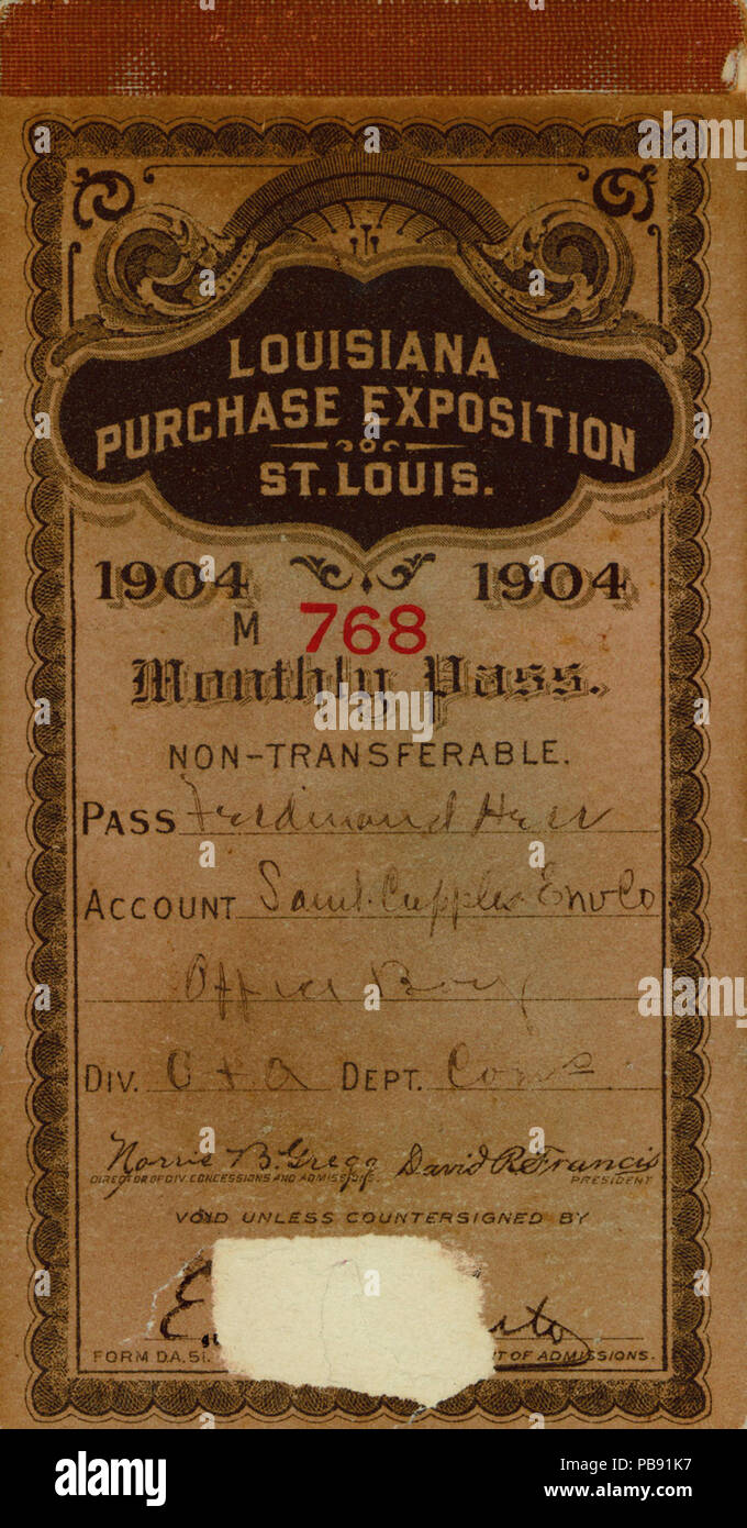 940 Louisiana Purchase Exposition passbook for Cupples Envelope Company employee, Ferdinand Herr, 1904 Stock Photo