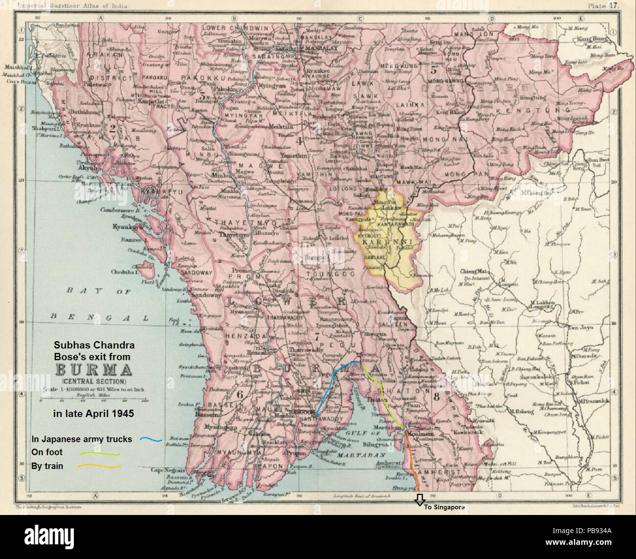 994 Map showing Subhas Chandra Bose's exit from Burma in late April 1945 Stock Photo