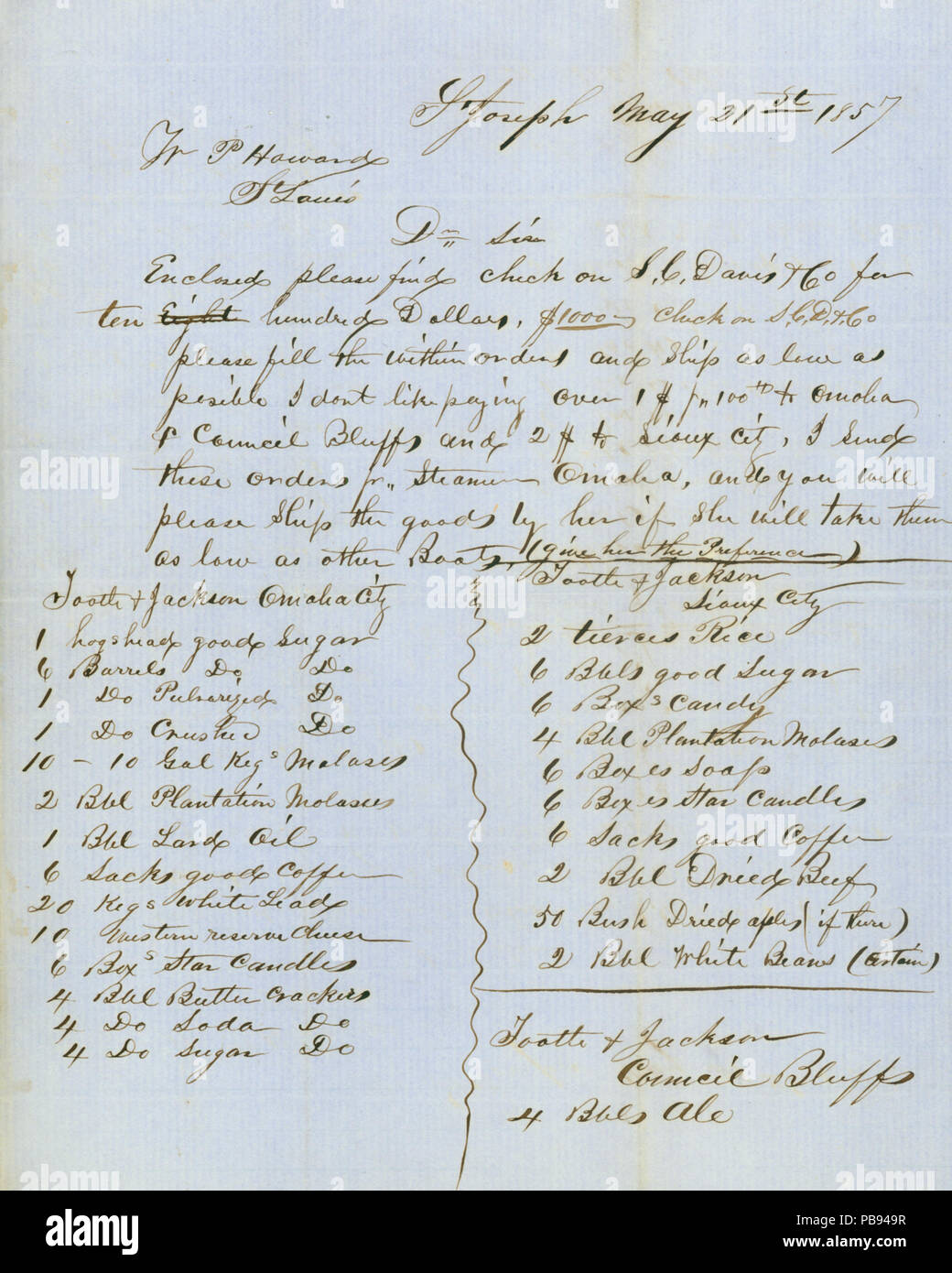 913 Letter signed Tootle &amp; Jackson, Council Bluffs, to W.P. Howard, St. Louis, May 21, 1857 Stock Photo