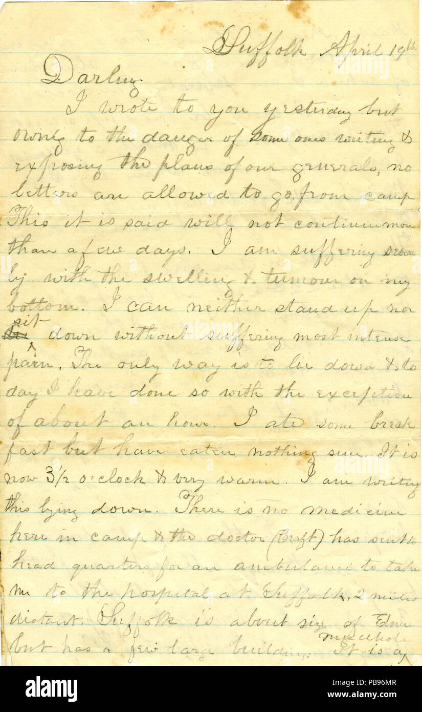 904 Letter of (William S. Moffat), Suffolk, to Matilda B. Moffat, Dryden, Tompkins Co., N.Y., April 19, (1863) Stock Photo