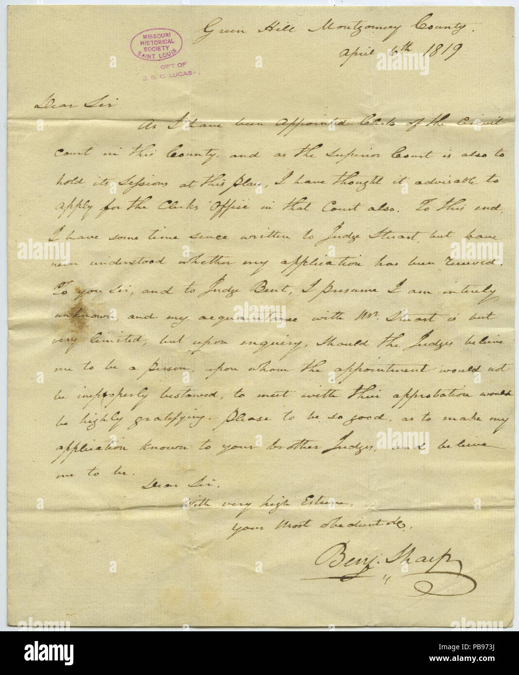 905 Letter signed Benj. Sharp (Benjamin Sharp), Green Hill, Montgomery County, to Honourable John B.C. Lucas, St. Louis, April 6, 1819 Stock Photo