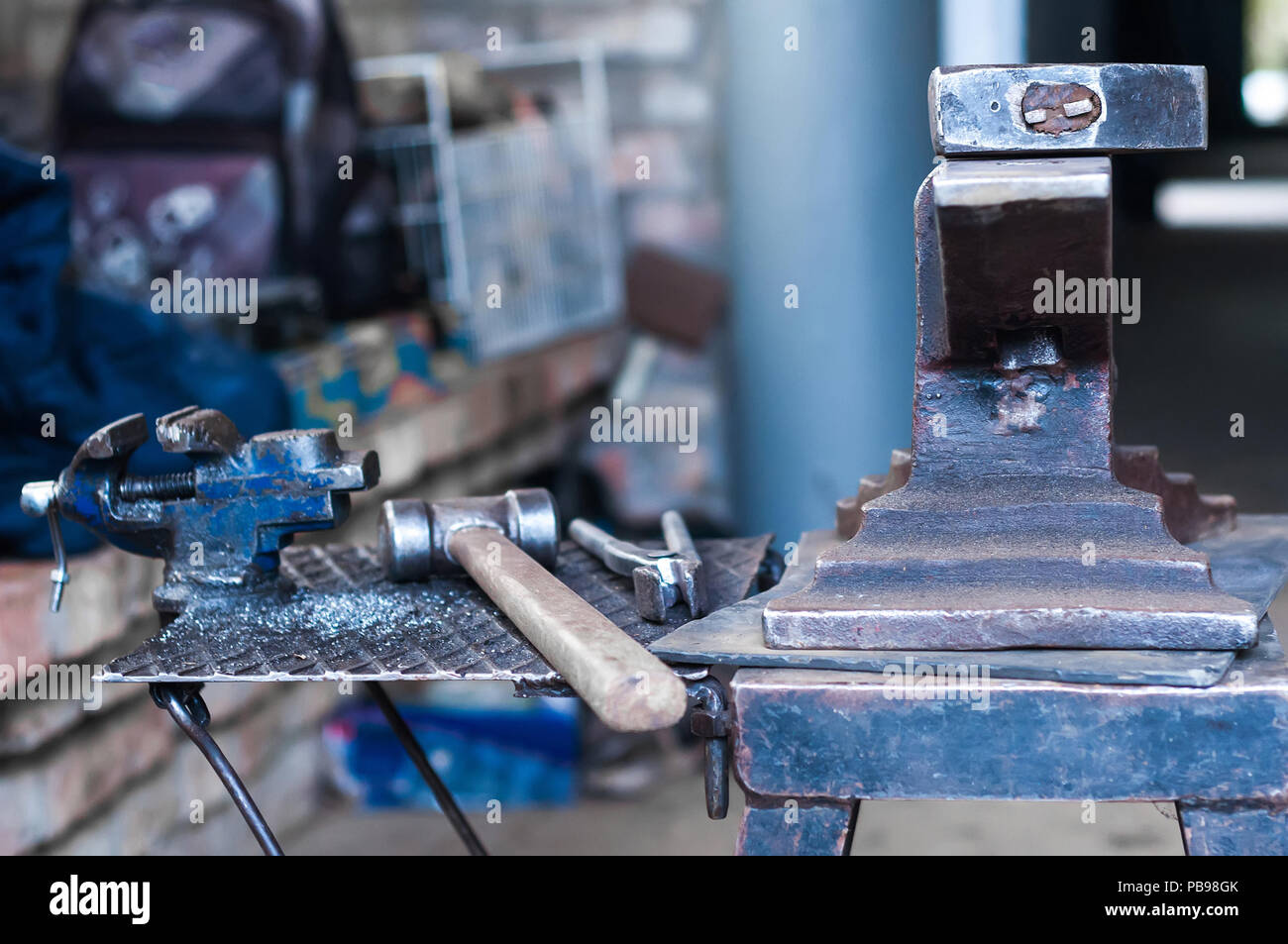 Metal tools and equipments of the blacksmith for horse shoeing in the