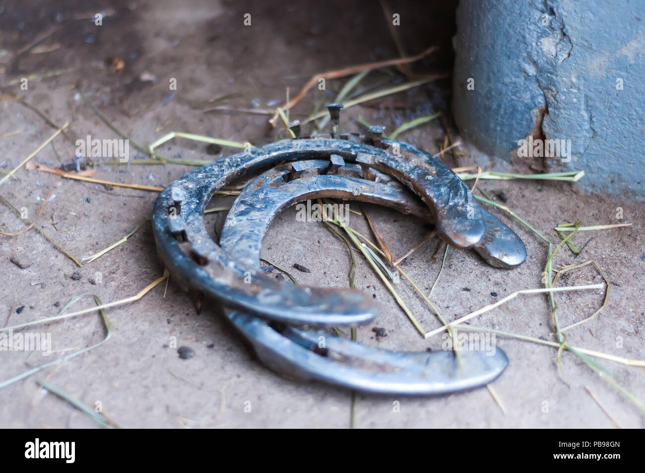 Metal tools and equipments of the blacksmith for horse shoeing in the