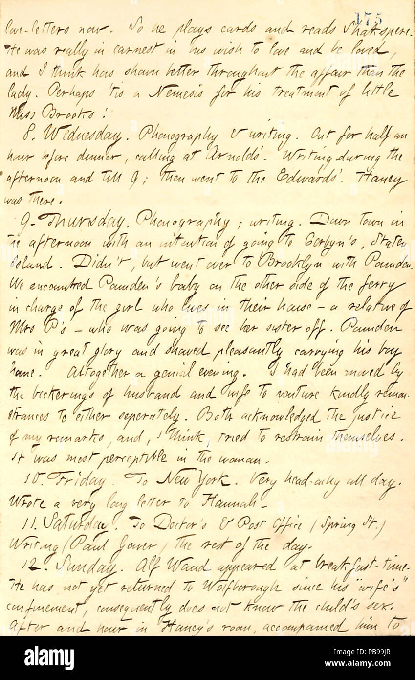 1740 Thomas Butler Gunn Diaries- Volume 9, page 197, September 7-12, 1858 Stock Photo