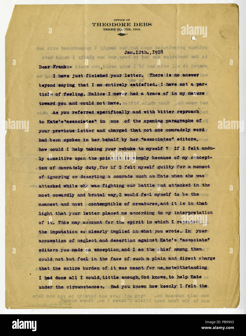 907 Letter signed Gene (Eugene V. Debs), Terre Haute, Ind., to Frank (Frank P. O'Hare), January 12, 1918 Stock Photo
