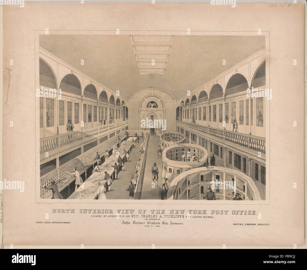 1117 North interior view of the New York post office, located by authority of the Hon. Charles A. Wickliffe Post Master General and arranged by John Lorimer Graham Esq. Postmaster, Feb. 1st 1845 LCCN2003664205 Stock Photo